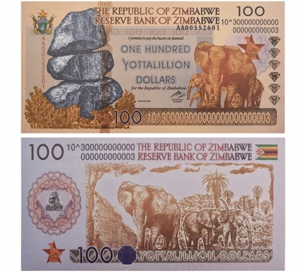 Banknot Kolekcjonerski 100 Yottalillion Dolarów Zimbabwe UV UNC
