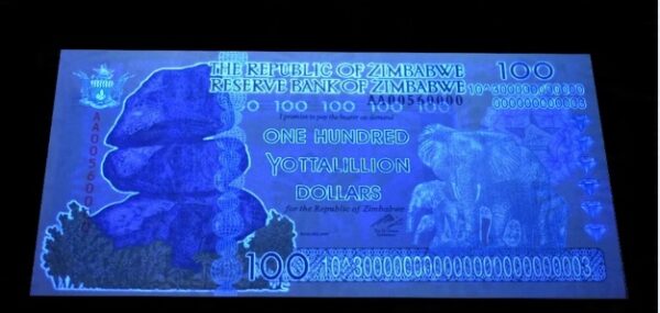 Banknot Kolekcjonerski 100 Yottalillion Dolarów Zimbabwe UV UNC - obrazek 3