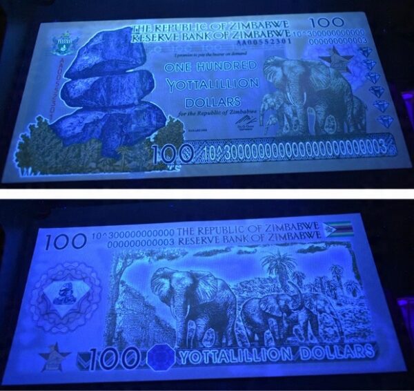 Banknot Kolekcjonerski 100 Yottalillion Dolarów Zimbabwe UV UNC - obrazek 2